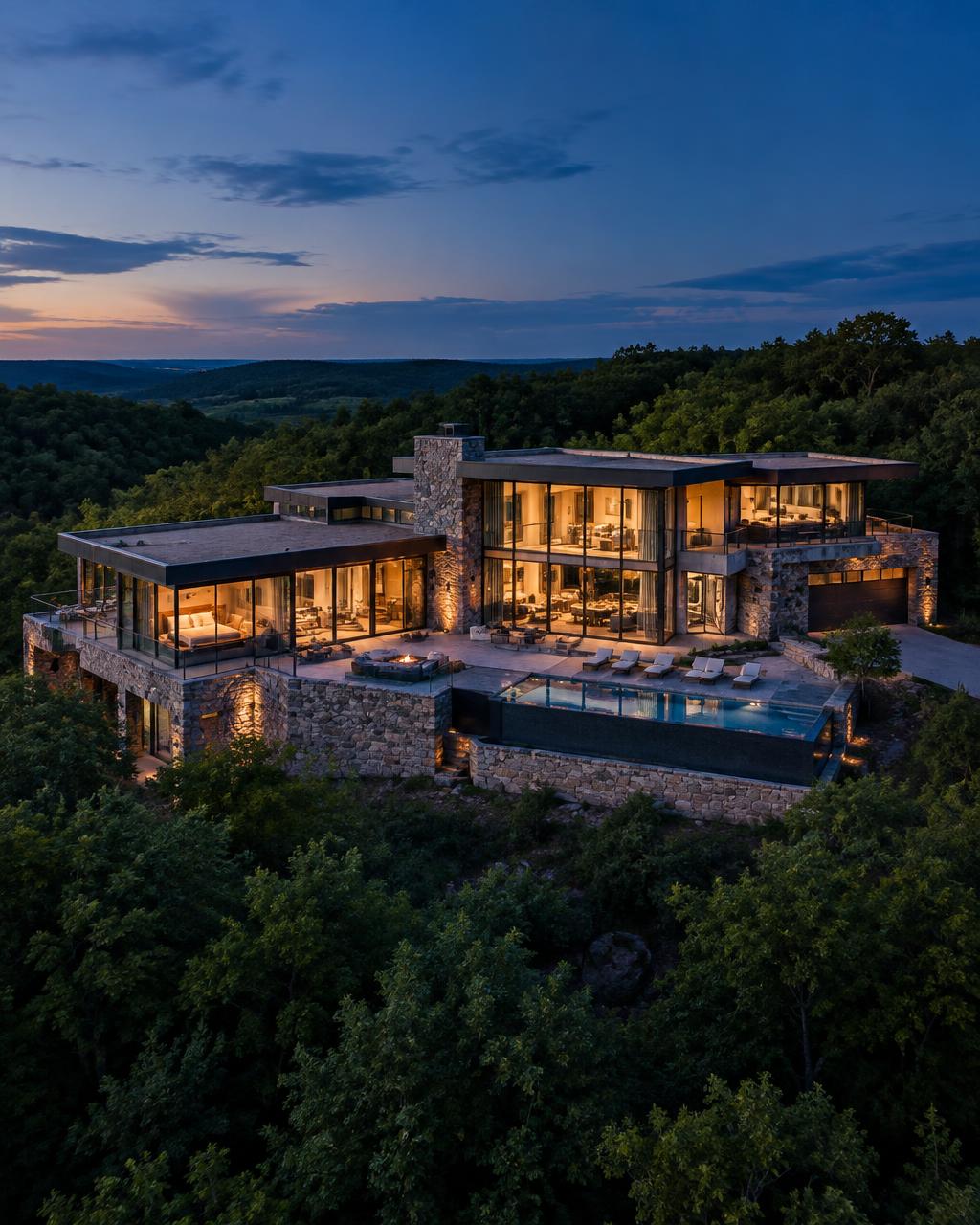 Modern glass-and-stone residence nestled in a wooded ridge at dusk